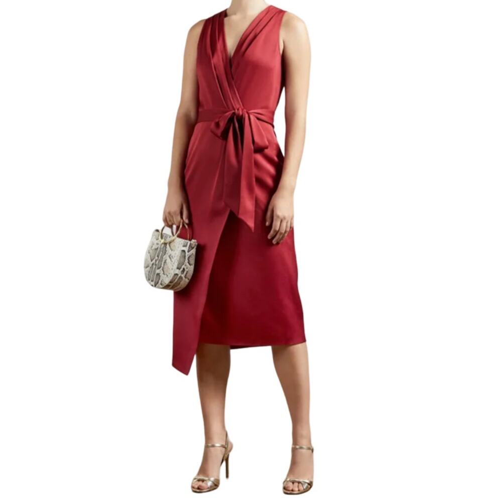 Ted Baker dress red Chrisey fixed wrap midi DEFECT